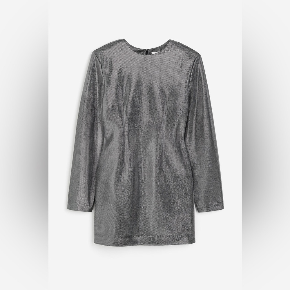 H&M Elegant Black/Silver-Colored Metallic Long Sleeve Lined Mini Dress - Picture 6 of 16